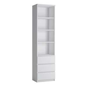 Fank Tall Narrow 3 Shelves 3 Drawers Bookcase In White