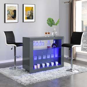 Fiesta Grey High Gloss Bar Table With 2 Ritz Black White Stools