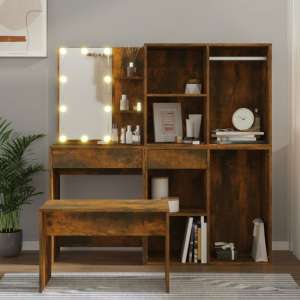 Fiora Wooden Dressing Table Set In Smoked Oak With LED Lights
