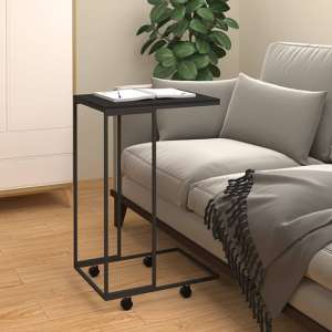Flores Wooden Side Table In Black With Wheels With Black Frame