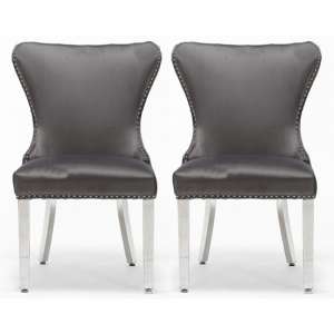 Floret Button Back Dark Grey Velvet Dining Chairs In Pair