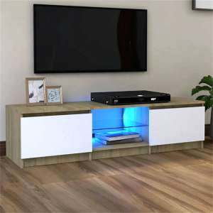 Flurin Wooden TV Stand In White And Sonoma Oak With LED Lights