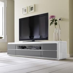 Frame LCD TV Stand In White Grey Gloss With LED And 5 Drawers