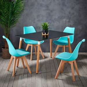 Ferring Dining Table In Black With 4 Louvre Aqua Chairs