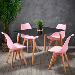 Ferring Dining Table In Black With 4 Louvre Baby Pink Chairs