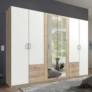 Freiburg Wooden Wardrobe In Hickory Oak And White With 2 Mirror