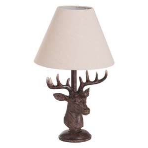Frusta Wooden Stag Head Table Lamp In Brown With Beige Shade