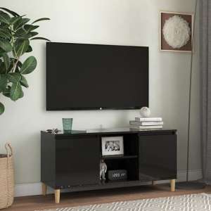 Gafna High Gloss TV Stand In Black With Solid Wood Legs