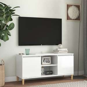 Gafna High Gloss TV Stand In White With Solid Wood Legs