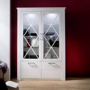 Gerald Wide Display Cabinet In White Pine With LED