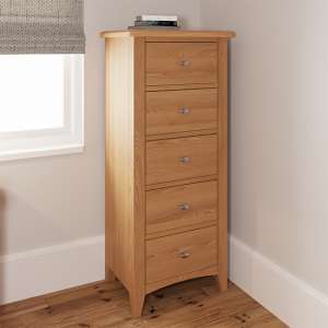 Gilford Narrow Wooden Chest Of 5 Drawers In Light Oak
