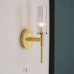 Gilford Ribbed Cylindrical Glass Wall Light In Satin Brass