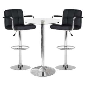 Gino Bistro Glass Bar Table With 2 Black Miami Bar Stools