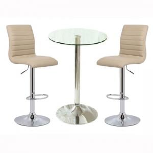 Gino Bar Table In Clear Glass With 2 Ripple Stone Bar Stools