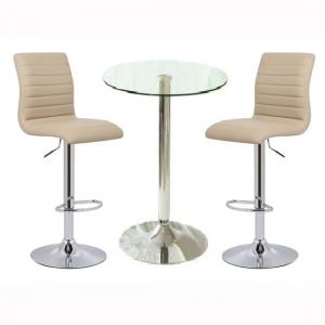 Gino Bar Table In Clear Glass With 2 Ripple Stone Bar Stools