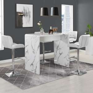 Glacier Gloss Diva Marble Effect Bar Table 4 Candid White Stools