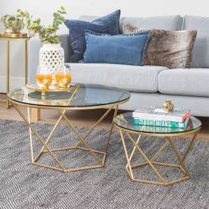 Gladom Geometric Glass Set Of 2 Coffee Tables In Gold Frame