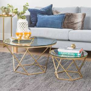 Gladom Geometric Glass Set Of 2 Coffee Tables In Gold Frame