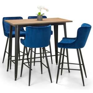 Grafton Bar Table In Mocha Elm With 4 Luxe Blue Bar Stool