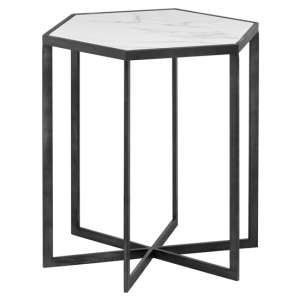 Gripo Marble Hexagonal Side Table In White With Black Metal Base