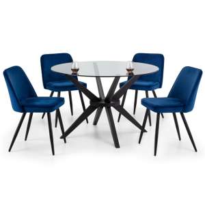 Halver Round Clear Glass Dining Table With 4 Babette Blue Chairs