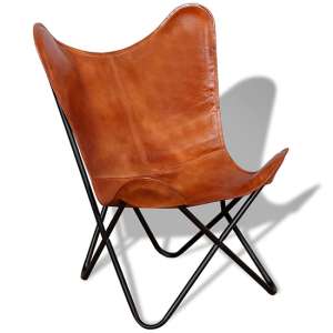 Harald Real Leather Butterfly Chair In Brown With Metal Frame