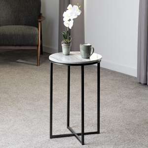Hargrove Side Table In White Marble Effect With Black Frame