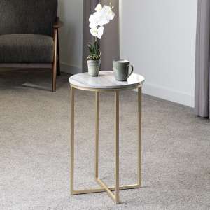 Hargrove Side Table In White Marble Effect With Gold Frame