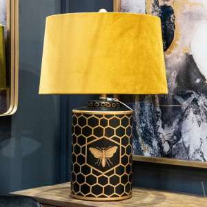 Harlot Bee Ceramic Table Lamp In Black With Mustard Shade