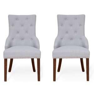 Harry Grey Fabric Dining Chairs With Walnut Legs In Pair