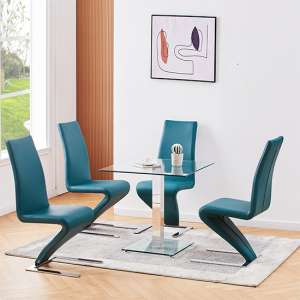 Hartley Clear Glass Dining Table With 4 Demi Z Teal Chairs