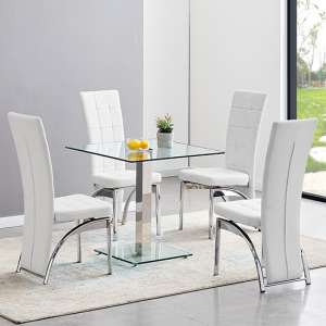 Hartley Clear Glass Dining Table With 4 Ravenna White Chairs