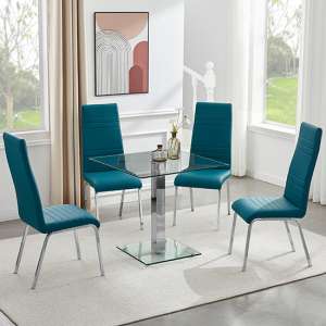 Hartley Clear Glass Dining Table With 4 Dora Teal Chairs