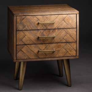 Haxo Wooden Bedside Cabinet In Brown And Gold With 3 Drawers
