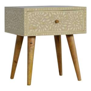 Hedley Wooden Bedside Cabinet In Floral Bone Inlay And Oak Ish