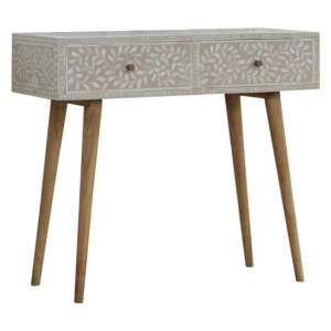 Hedley Wooden Console Table In Light Taupe Floral Bone Inlay