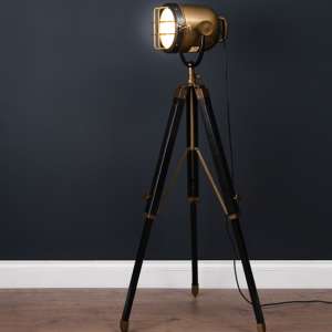 Hegira Industrial Spotlight Tripod Floor Lamp In Black And Brass
