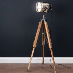 Hegira Industrial Spotlight Tripod Floor Lamp In Oak And Silver