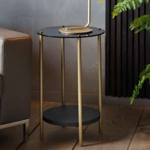 Hernan Round Black Glass Side Table With Gold Metal Legs