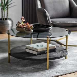 Hernip Black Glass Round Coffee Table With Gold Legs
