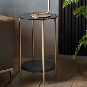 Hernip Black Glass Round Side Table With Gold Legs