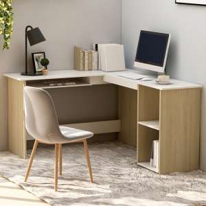 Hieu Corner L-Shaped Wooden Computer Desk In White Sonoma Oak
