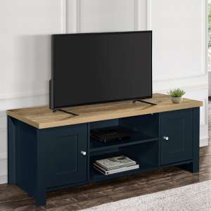 Highgate Large Wooden TV Stand In Navy Blue And Oak