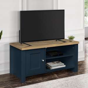 Highgate Small Wooden TV Stand In Navy Blue And Oak