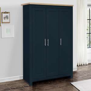 Highgate Wooden Wardrobe With 3 Doors In Navy Blue And Oak
