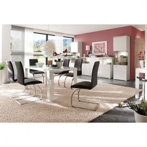 Tizio Glass Top Dining Table With 6 Maui Black Chairs