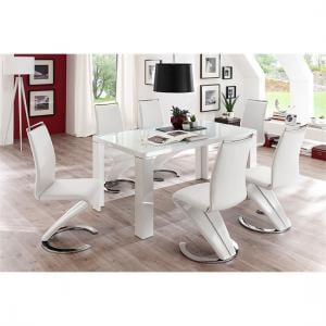 Tizio Glass Top Dining Table In High Gloss With 6 White Chairs