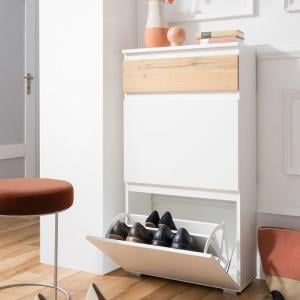 Hilary Shoe Cabinet In White And Oak With 2 Flap Doors