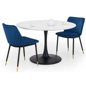 Halina Marble Dining Table With 2 Daiva Blue Chairs