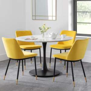 Halina Marble Dining Table With 4 Daiva Mustard Chairs
